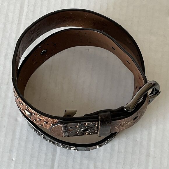 Y2K FOSSIL Leather Patchwork Belt  Small Floral Studded Tooled Western Vintage main image 14